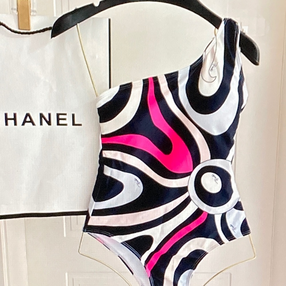 Emilio Pucci One-Shoulder Swimsuit in Black, White and Hot Pink